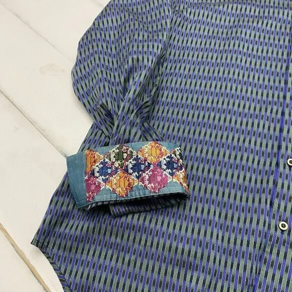 Robert Graham Men's 2XL Flip Cuff Blue Green Striped Geometric Dress Shirt - Picture 3 of 13